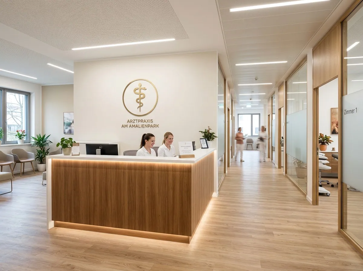 Moderner Empfangsbereich einer Arztpraxis mit individueller Wandgestaltung